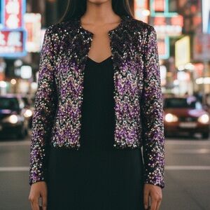 Vintage A J BARI Sequin Jacket Black Purple Green USA Made Open Front 6 Small